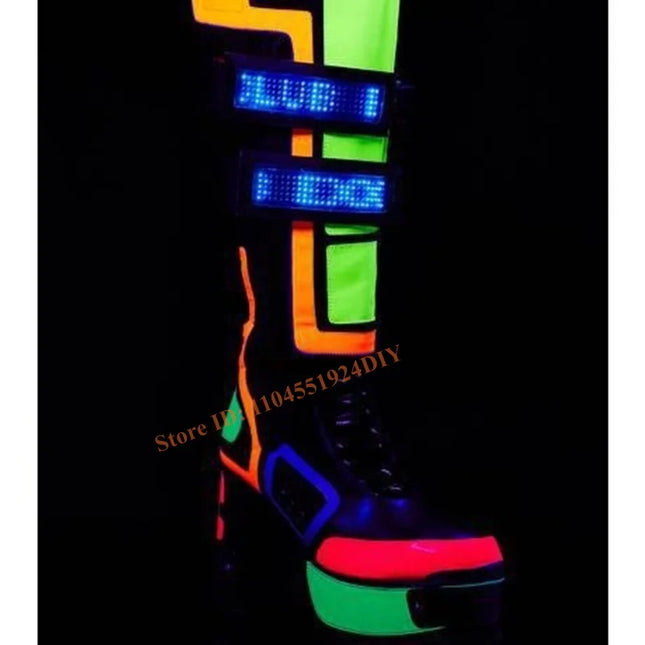 Club Punk Style Kniehohe Stiefel Bunte Plateauabsätze Cybertron Babe Stiefel Damen Neon Lug Heel Bling Riemen Lange Stiefel