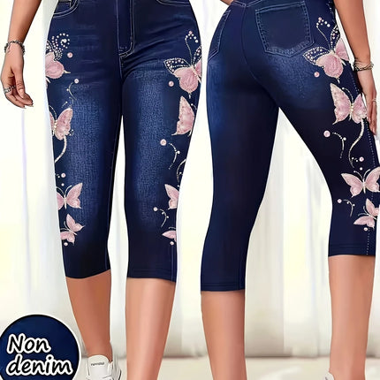 Women High Waist Slim Fit Floral Print Fake Denim 7/8 Cropped Capri Pants, Suitable For Daily Casual & Sports Wear