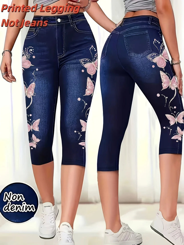 Women High Waist Slim Fit Floral Print Fake Denim 7/8 Cropped Capri Pants, Suitable For Daily Casual & - product image 2