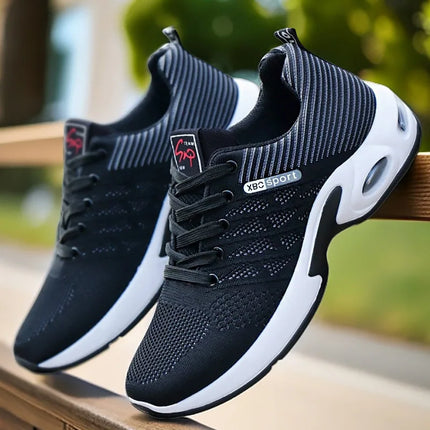 Men's Black Grey Knit Air Cushion Sneakers Breathable Non-Slip Lightweight Casual Running Shoes for Daily Walking Work