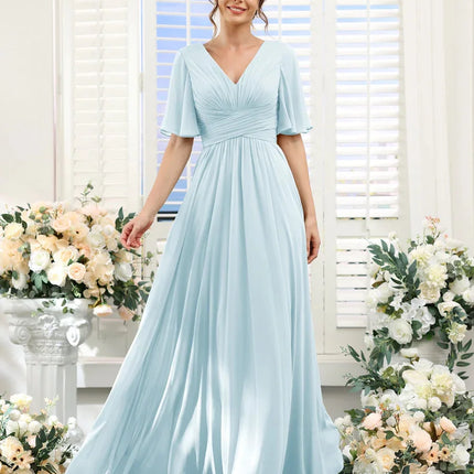 A Line Chiffon Bridesmaid Dresses Short Sleeve V Neck Slit Pleat Elegant Wedding Party Formal Prom Evening Zipper Back