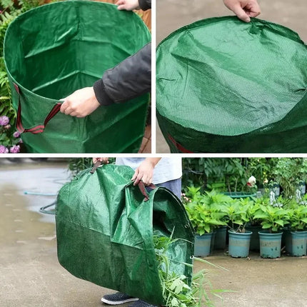 Collage showing the garden bag being assembled, opened, and emptied