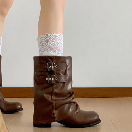 Vintage Thick Heel Women Western Ankle Boots Eelgant Belt Buckle Shoes Ladies Cosy Soft Leather Short Booties