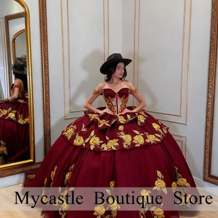 Black Mexican Red Roses Embroidery Quinceanera Dress Ball Gown 2026 Off The Shoulder Sweet 15 16 Dress Birthday Gown Customized