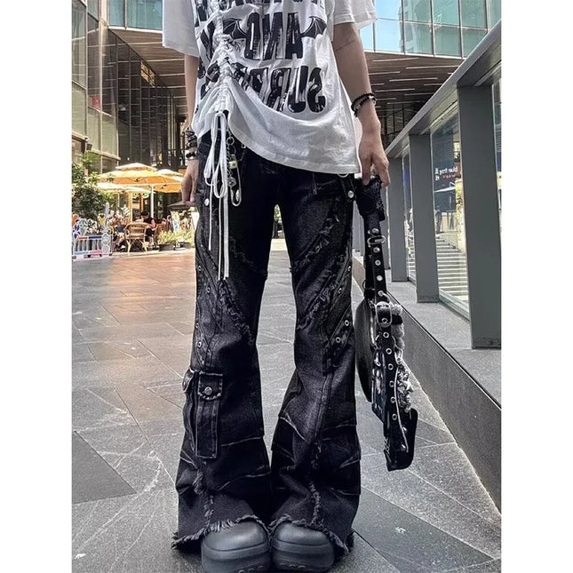 Damen Y2k Baggy Schlagjeans Harajuku Japanischer 2000er-Stil Patchwork-Denimhose Vintage Oversize Cargo Jeanshose
