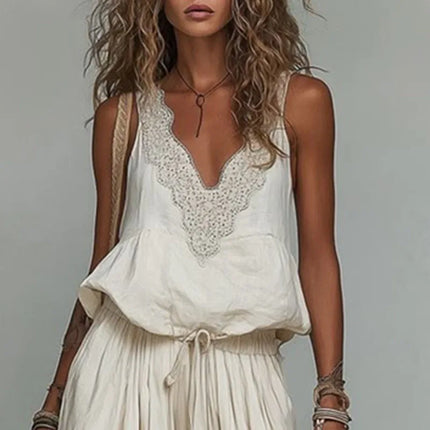 Women Sleeveless Lace V Neck Set Camisole Drawstring Waist Baggy Pants Suit Breathable Vacation Bohemian Casual Two Piece Outfit