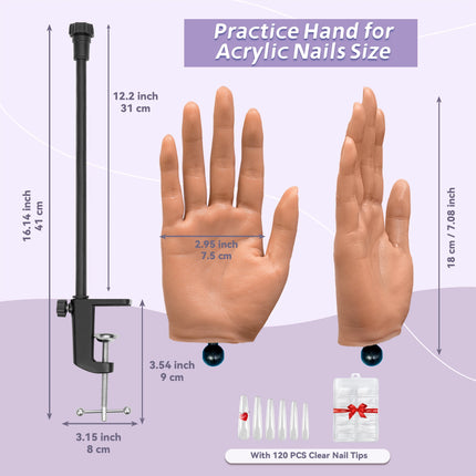 Practice Hand for Acrylic Nails, Realistic Silicone Training Hand with Flexible Fingers, Pro Kit for Gel Polish & Manicure