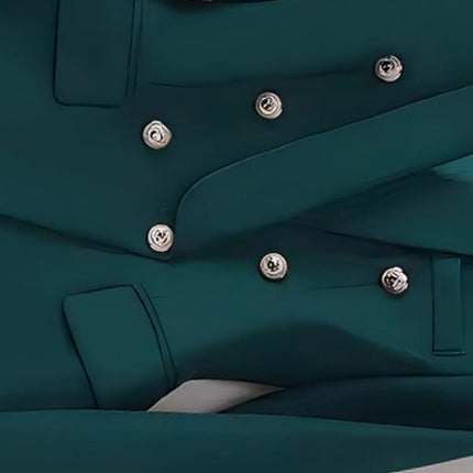 Women Emerald Green Solid Double Breasted Blazer Pants Suit, Metal Buttons Waist Cinched 2 Piece Elegant Office Commute Outfit