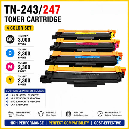 Compatible Brother TN243 TN247 Toner Cartridge Set High Yield BK C M Y For HL-L3210CW L3230CDW L3710CDW L3750CDW MFC-L3710CW 300