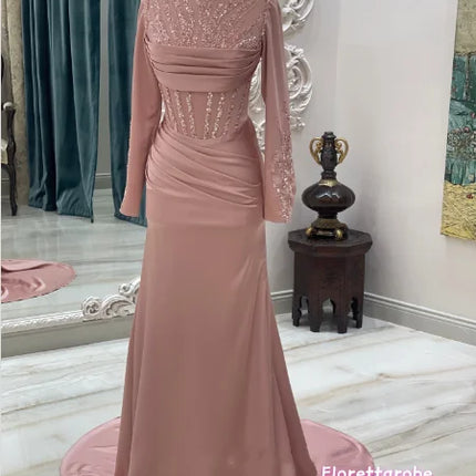 Florettarobe Sequins High Collar Evening Dresses Full Sleeves Satin Prom Gowns for Women Mermaid  Party Dress Long Customized