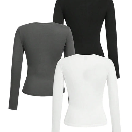 Solid-color long-sleeved T-shirt - Polyester knitted fabric, round neck, regular fit, fall-winter style