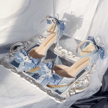 lolita Women heels Wedding designer shoes White shoes cute shoesBlue Pointed-Toe Slip-On Bow Handmade High Heels