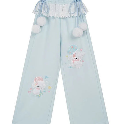 Cute Cartoon Wide Leg Pant Women Lace Patchwork High Waist Sweet Trousers Vintage Japan Preppy Style Fall Winter Kawaii Pants