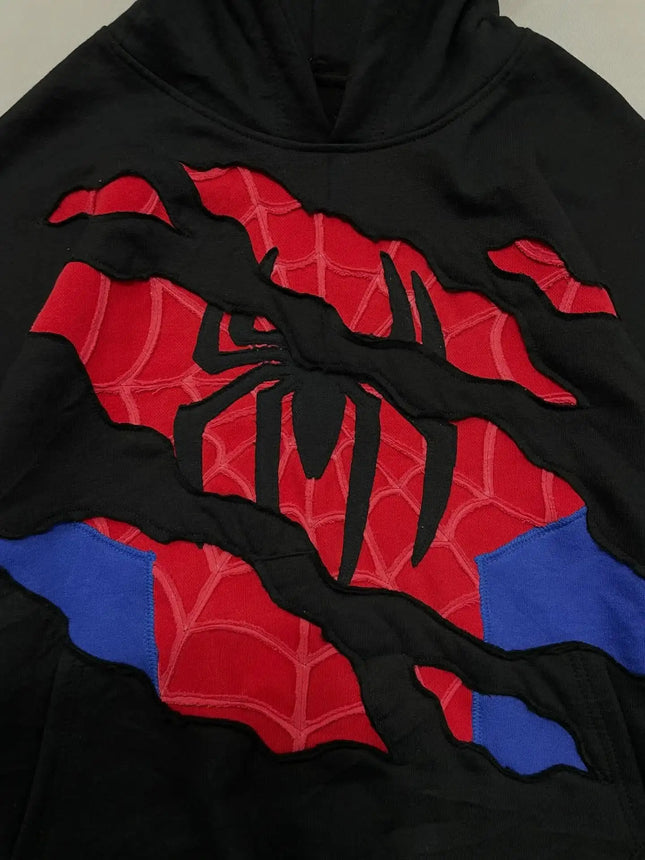 Sudadera con capucha de cremallera completa extragrande de moda con estampado de retazos de araña retro americano para hombre, chaqueta gótica Y2k, ropa de calle