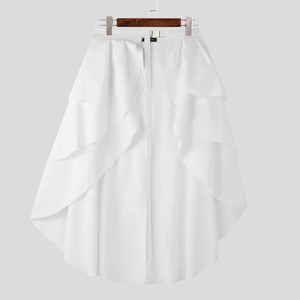 INCERUN American Style Pantalons Stylish Men Ruffled Double Layered Half Skirt Pants Casual Clubwear Male Solid Lace Up Trousers