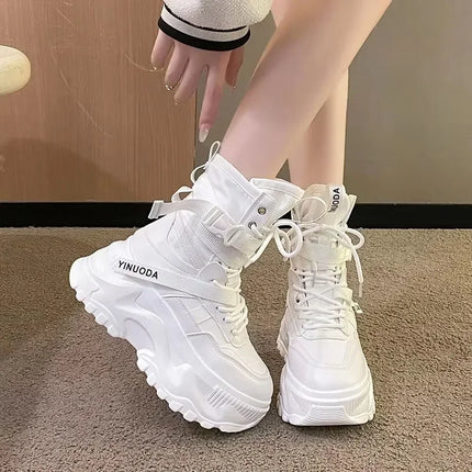 Hot Fashion Women Chunky Platform Motorcycle Boots White Lace Up Thick Bottom Shoes Woman Autumn Winter Ankle