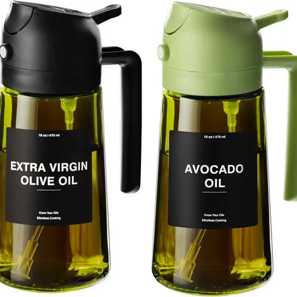 Olive Oil Dispenser,Sprayer for Cooking 2 in 1- Spray and Pour,Dark Green Glass Oil Bottlewith Stickers,16oz/470ml Oil Sprayer