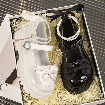 Lolita Shoes Heart Buckle Women Sweet Bow Pearl Chain Mary Janes Shoes Woman PU Leather Thick Bottom Party Pumps Mujer Zapatos