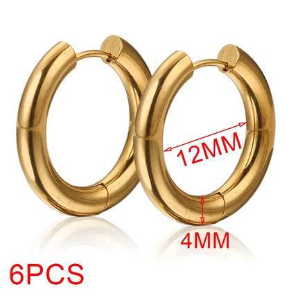 6pcs Stainless Steel 4mm Thick Earrings Gold Plated Large Round Korean Ear Rings Hoop Earring for Women Female Jewelry Luxury