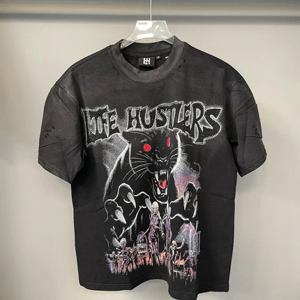Retro Wash black Skull letter Rhinestone Print Life Hustlers T Shirt Men Woman Fashion Harajuku Hip Hop Shinning Diamond Tees