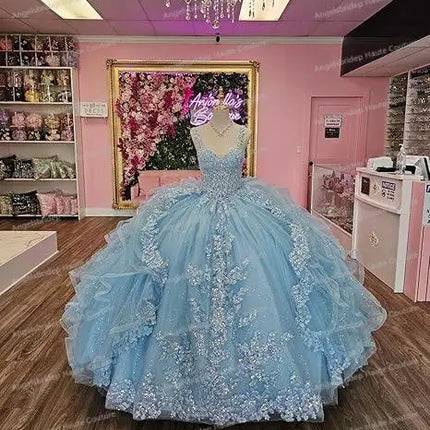 Customized Light Blue Quinceanera Dresses  Vestido De 15 Años  Lace Appliqued Sequins Mexcian Birthday Party Dress Court Train
