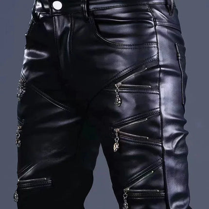 2025 Rock Style PU Leather Pants Sexy Night Club Dance Pants Men Fashion Multi-Zipper Faux Leather Slim Motorcycle Trouser New