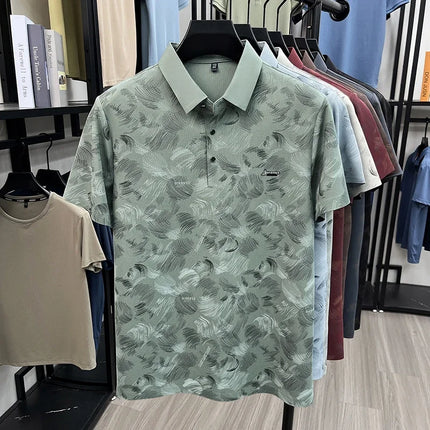 Mens Business Casual Feather Print Short Sleeve Polo Shirts Tops Soft Breathable Fashion Shirts for Men