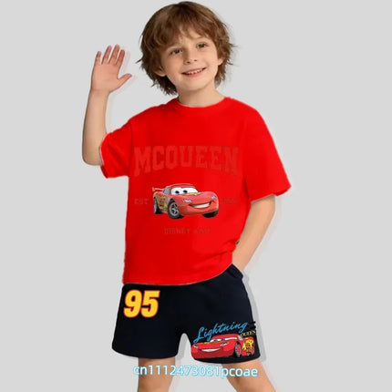 2026 Cars of the Universe Children's Pure Cotton Short-Sleeved Shorts for Boys with Cartoon Print Summer T-shirt Set of 2 Pieces