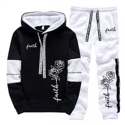 Faith Flower Print Hoodie and Sweatpants 2pcs Set Men/women Daily Casual Sports Hooded Outfit Autumn Unisex Fashion Jogging Suit