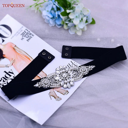 TOPQUEEN S01-E Fashion Floral Rhinestone Buckle Women's Elastic Waist Cinch Belt for Dress Formal Dress Belt Evening Party Band