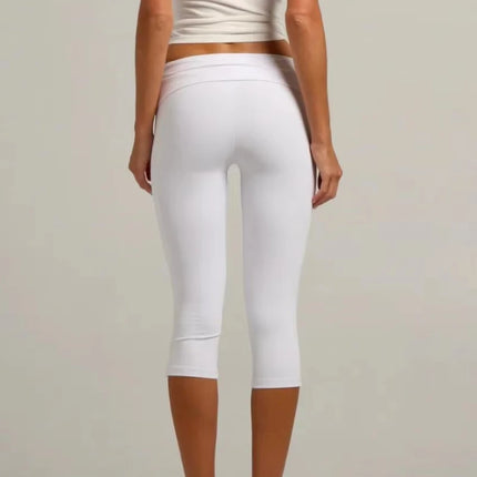 Individuality Low Rise Split Hem Length Skinny Pants Women Solid Fold Over Capri Leggings Casual Summer Streetwear Yoga Pants