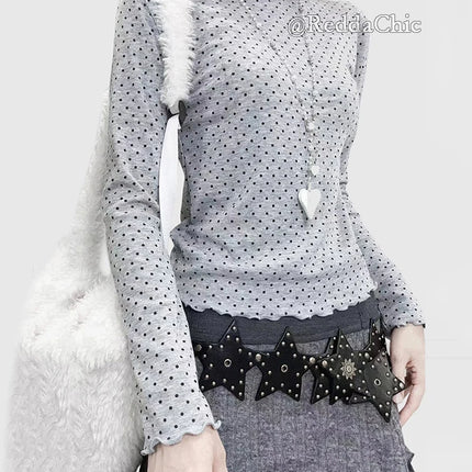 REDDACHiC Grunge Polka Dots Women's T-shirt Vintage Fall Thin Mock Neck Frill Trim Long Sleeves Tee Top Y2k Alternative Clothing