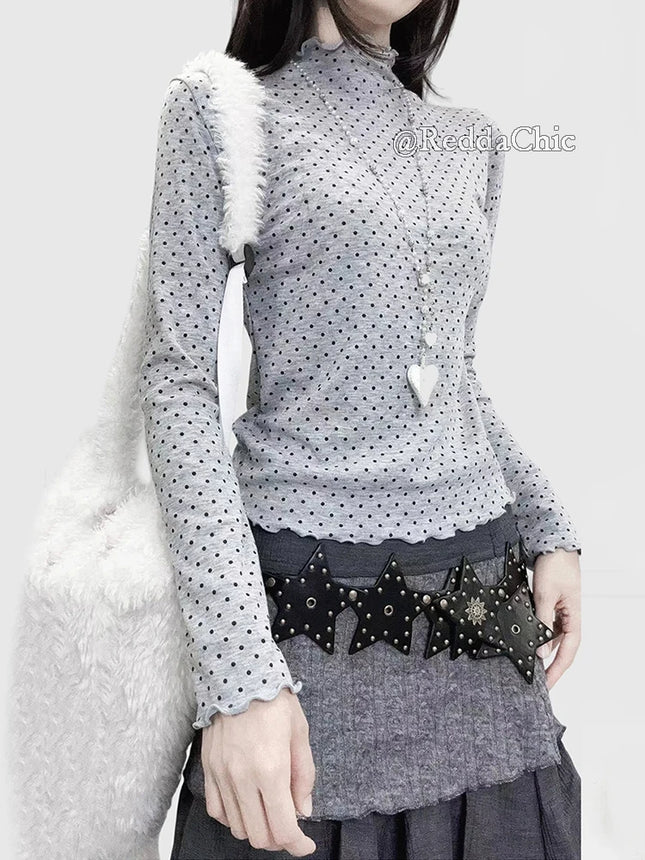 REDDACHiC Grunge Polka Dots Damen T-Shirt Vintage Herbst Dünn Stehkragen Rüschenbesatz Langarm Tee Top Y2k Alternative Kleidung