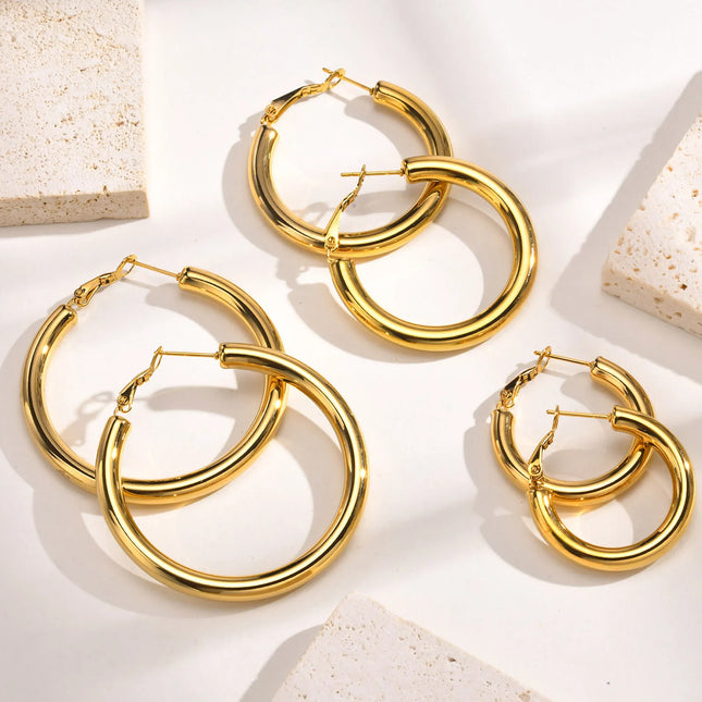 30/40/50mm Circle Hoop Earrings for Women, Classic Stainless Steel 18k Gold Plated Minimalist Jewelry