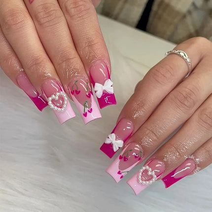 24Pcs Brown Long Coffin False Nails Glitter Ballet Wearable with French Design Fake nails Full Press on Nail Ins Nail Tips Art