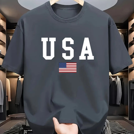 Men's summer 100% cotton fashionable casual loose fit USA American National Flag Graphic round neck short sleeved T-shirt top