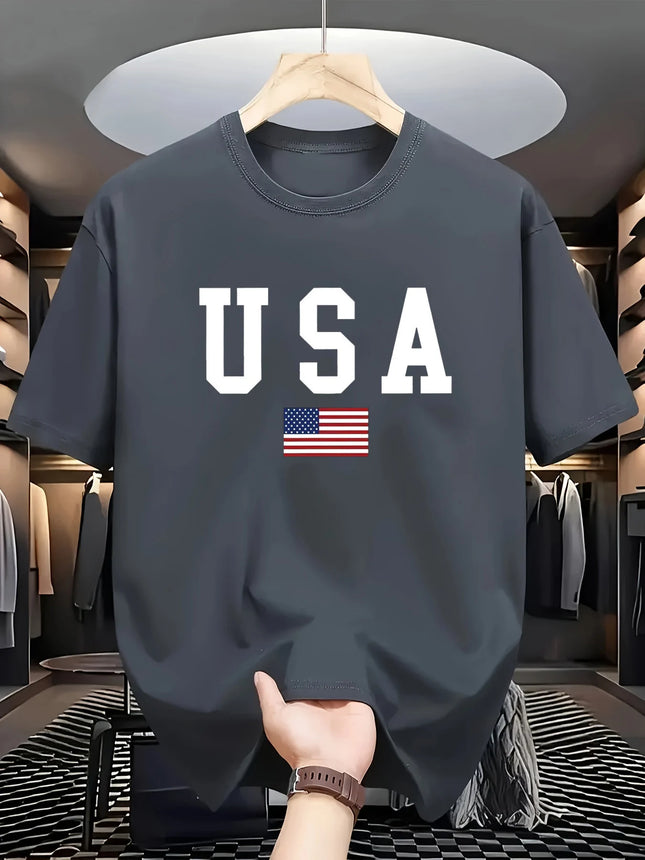 Camiseta de manga corta con cuello redondo y ajuste holgado, 100% algodón, moderna, informal, con estampado de la bandera nacional de Estados Unidos para hombre