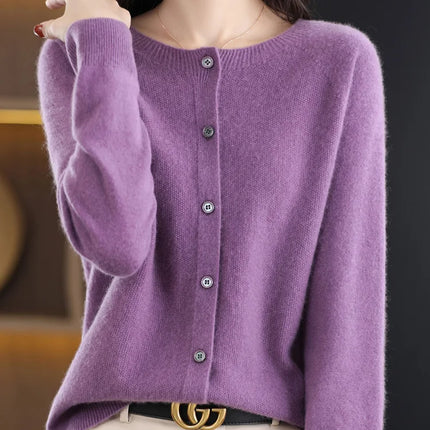 New Fashion Spring 100% Merino Wool Womens O-neck Cardigan Cashmere Sweater 2024 Female Clothing Grace Knitwear Korean Tops