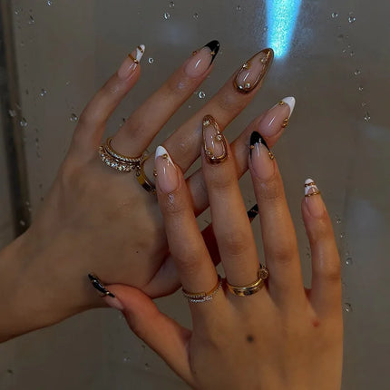 24Pcs Mid-length Gilded Almond Nails Set Press on 3D Flower Gradient Pink Full Cover False Nails Tips Pearl Reusable Fake Nails