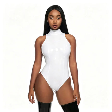Sexy Sleevess Faux Latex Bodysuits Women Wet Look Patent Leather Bodysuits High Neck Stretch PU Bodycon Bodyduits Clubwear New