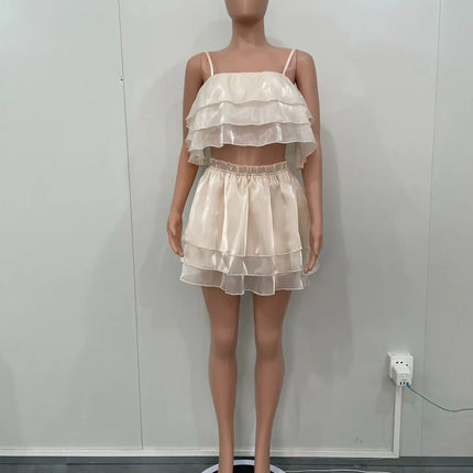 CM.YAYA Chic Women's Set Strap Cascading Ruffles Crop Top and Flare Shorts Skirt 2023 Summer Two 2 Piece Set Outfits Tracksuit