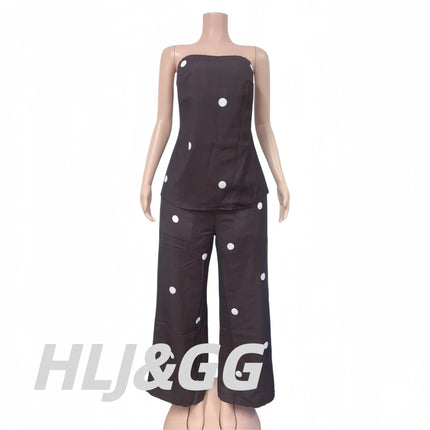 HLJ Women Polka Dot 2 Piece Outfits Elegant Bandeau Tube Top + High Waist Wide Leg Pants Set Summer Casual Streetwear Holidays