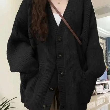 Loose Cardigan Women Long Sleeve V-neck Knitted Black Slouchy All-match Female Autumn Winter Coats Korean Chic Baggy Tops MLQ9