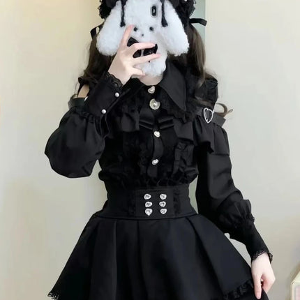 Japanese Cute Slim Women Party Dress Ruffled Lace Chic Bow Long Sleeve Kawaii Sweet Style Set Lightweight Trendy Female Design