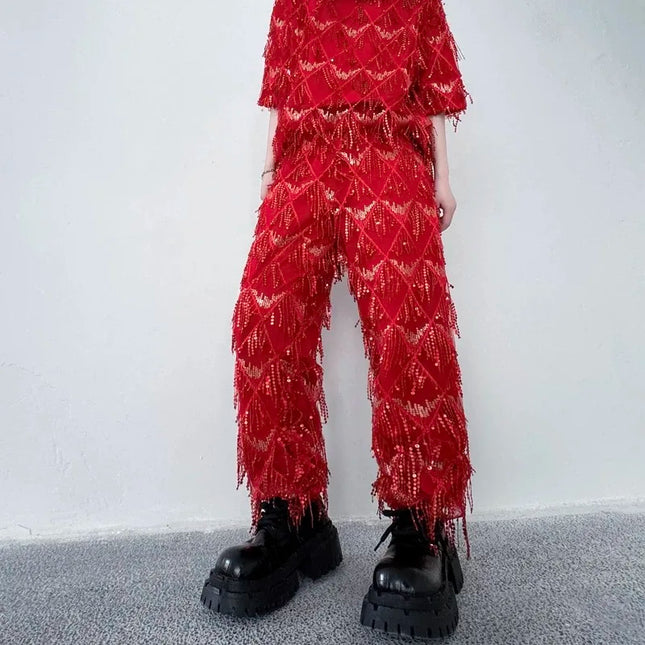 2025 Mode Pailletten Quasten Weite Hosen Bein Hose Bühnen Performance Kostüm Mann Frau Punk Hip Hop Gerade Hosen Schwarz Weiß Rot