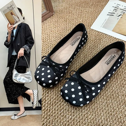 Spring Butterfly-knot Women Dot Ballet Flats Comfort Shallow Square Toe Slip on Shoes Ladies Eelgant Dress Mary Jane Shoes