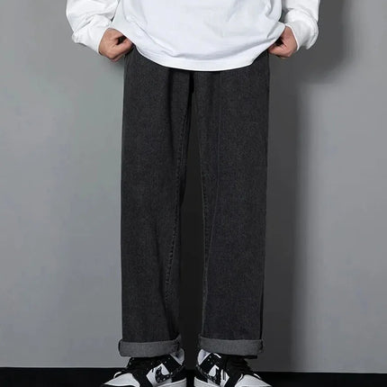 Korean Solid Colors Men's Casual Long Jeans Classic Man Four Seasons Straight Denim Wide-leg Pants Light Blue Grey Black 3XL