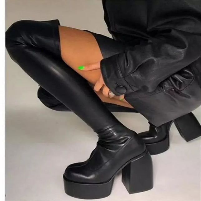 Women's Square Toe High Heeled Boots Long Short Tube Block Heel  Boots Women Platform Shoes Black Cowboy Boots for Women