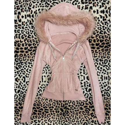 Hoodie Coat Women Punk Hooded Sweatshirt Fur Collar Jacket Zipper Pockets Female Streetwear Vintage Outerwear Spring 2026