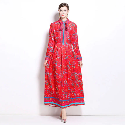 High-quality Fashion Print Elegant Versatile Dress For Women's Summer Autumn Polo Single Breasted Lace-up Slim Fit Long Skirt